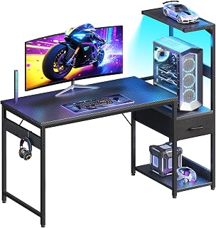 Casaottima 48 Inch Carbon Fiber Gaming Desk with RGB LED Lights, Reversible Storage Shelves, Fabric Drawer & Headphone Hook - Black