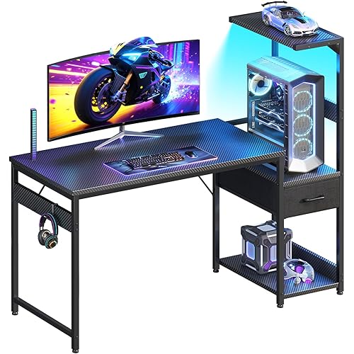 Casaottima 48 Inch Gaming Desk with Storage & LED Lights, Reversible Computer Desk with Display Shelves & Fabric Drawer, Modern Gamer Desk Table with Side Headphone Hook, Carbon Fiber Black