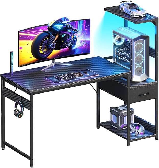 Casaottima 48 Inch Gaming Desk with Storage &amp; LED Lights, Reversible Computer Desk with Display Shelves &amp; Fabric Drawer, Modern Gamer Desk Table with Side Headphone Hook, Carbon Fiber Black