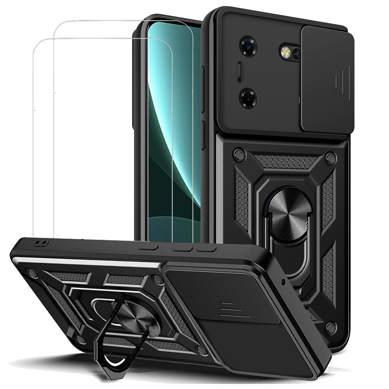 for Tecno Pova 5 / Tecno Pova 5 Pro 5G Case with Camera Cover and Stand Kickstand Ring with Tempered Glass Screen Protector [2 pieces],Military Grade Shockproof Protective Cover, Black
