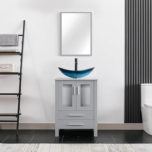 Miniatura 2 de eclife Tocador de Baño Moderno de 24" con Combo de Fregadero Mueble Independiente con Puerta de Cierre Suave, Fregadero de Vidrio Azul Tipo
