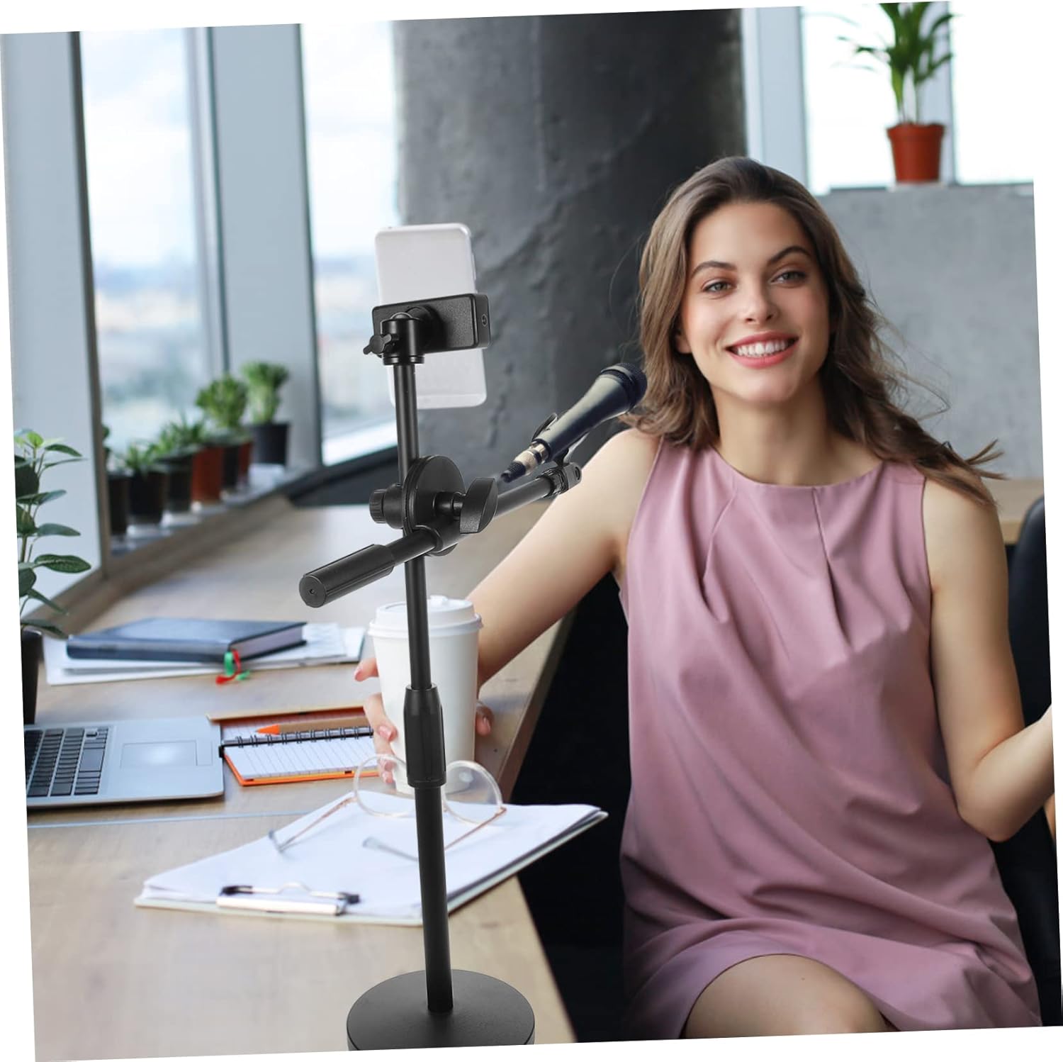 Adjustable Mic Stand with Phone Mount Rotating Desk Mic Holder for Streaming Gaming and Live Broadcasting Versatile Height and Angle Adjustments for Microphones