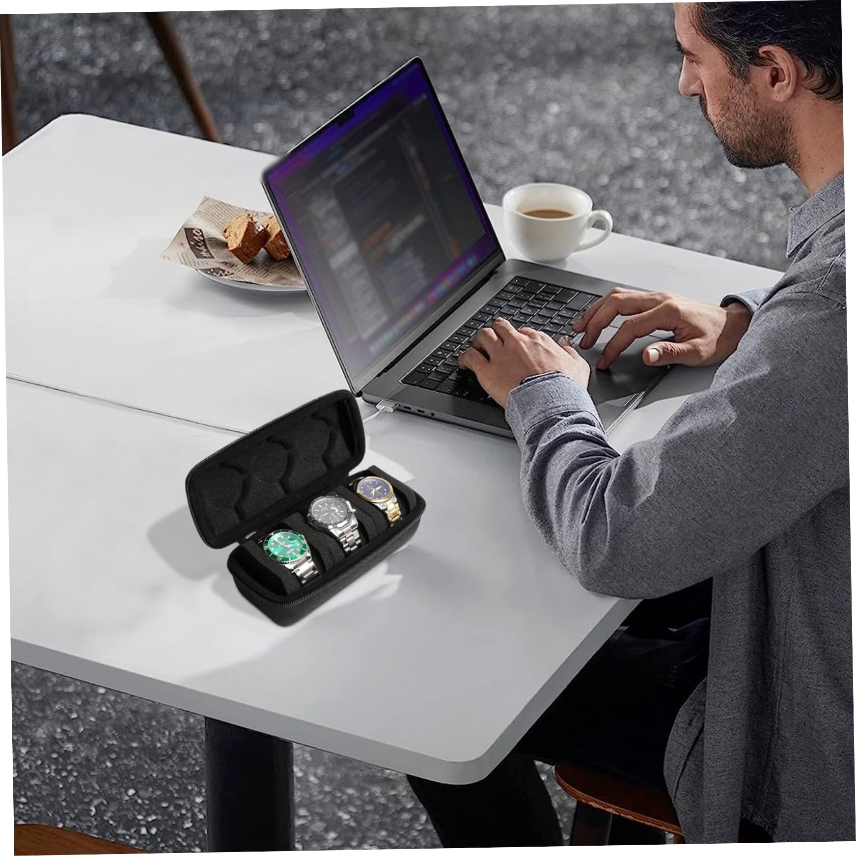 Lawnrden 3 Slots Case Organizer, Watch Box for Men, EVA Watch Box with PU Cushion, Black Minimalist Case, 3 Slot Zipper Closure Holder for Storage, Display, Travel, Gift