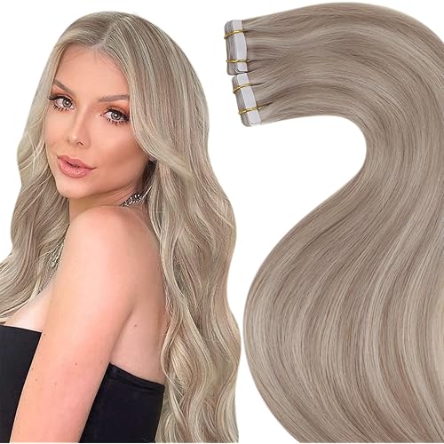 LaaVoo Blonde Tape in Hair Extensions Real Human Hair 24inch Highlights Blonde to Bleach Blonde Hair Extensions Tape in Skin Weft Tape on Extensions for Women 50g 20pcs