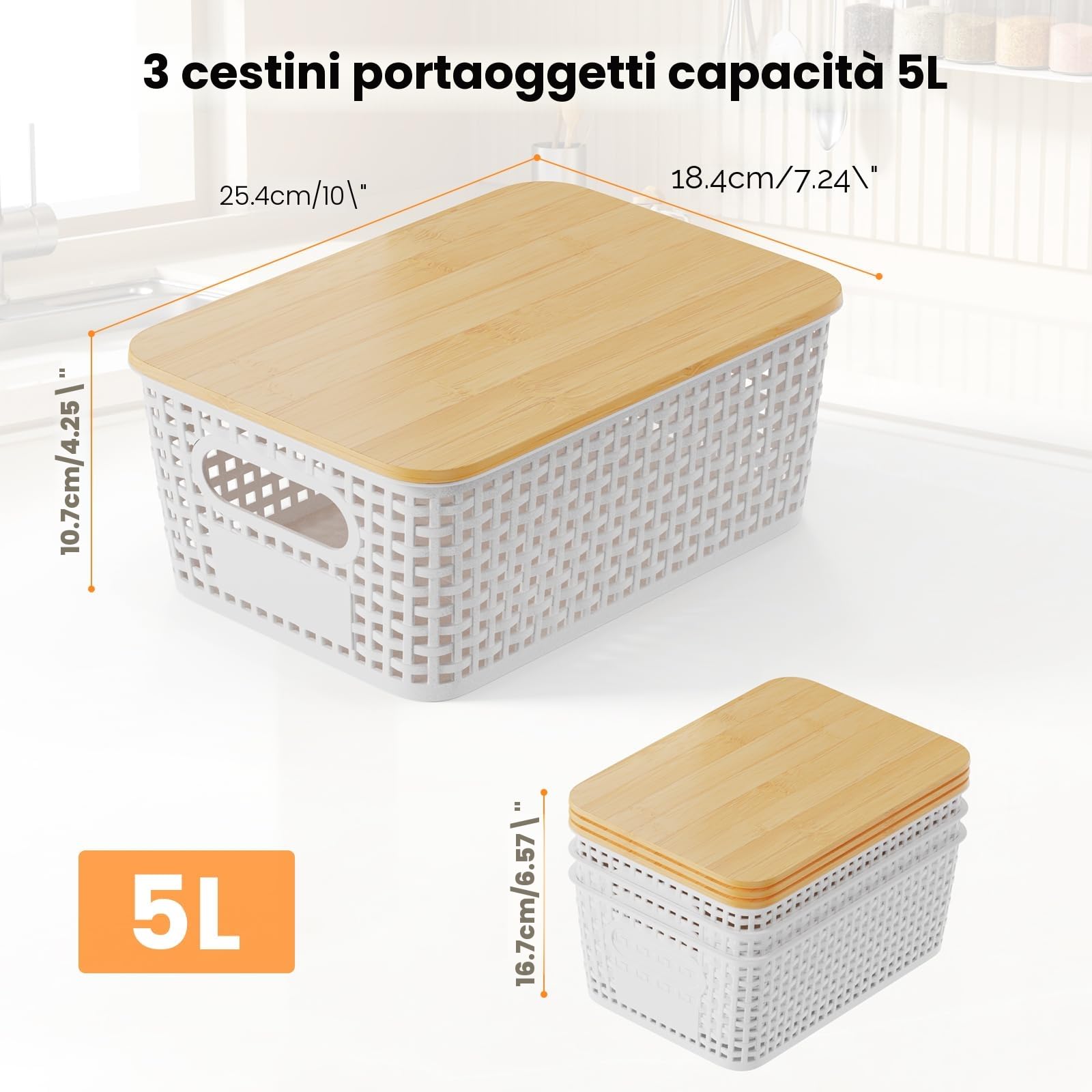 Set di 3 5L Scatole portaoggetti di Plastica con Bambù Coperchio Impilabili Salvaspazio Storage Cestini per Bagno Cucina Armadio Ufficio