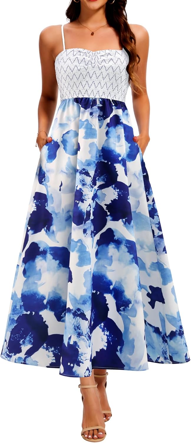 BeryLove Women Summer Floral Maxi Dress Casual Spaghetti Strap Beach Sun Dresses