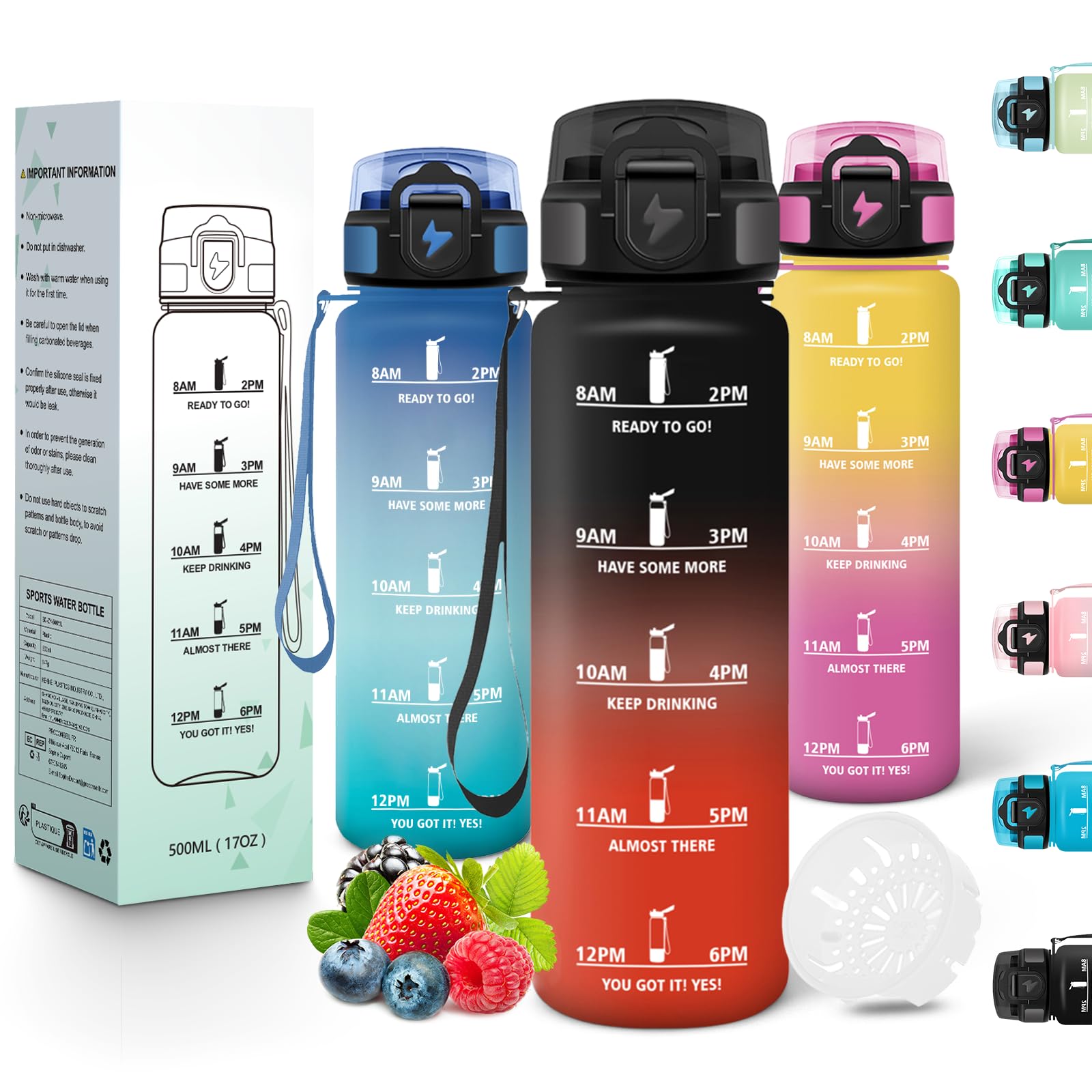 Motswedi Sports Water Bottle, 500 ml, BPA-Free, Suitable for Carbonated Drinks, Leak-Proof, Water Bottle, with Time Stamp, Bottle, Sports Bottle, for Yoga, School, Daily Travel, Black Red
