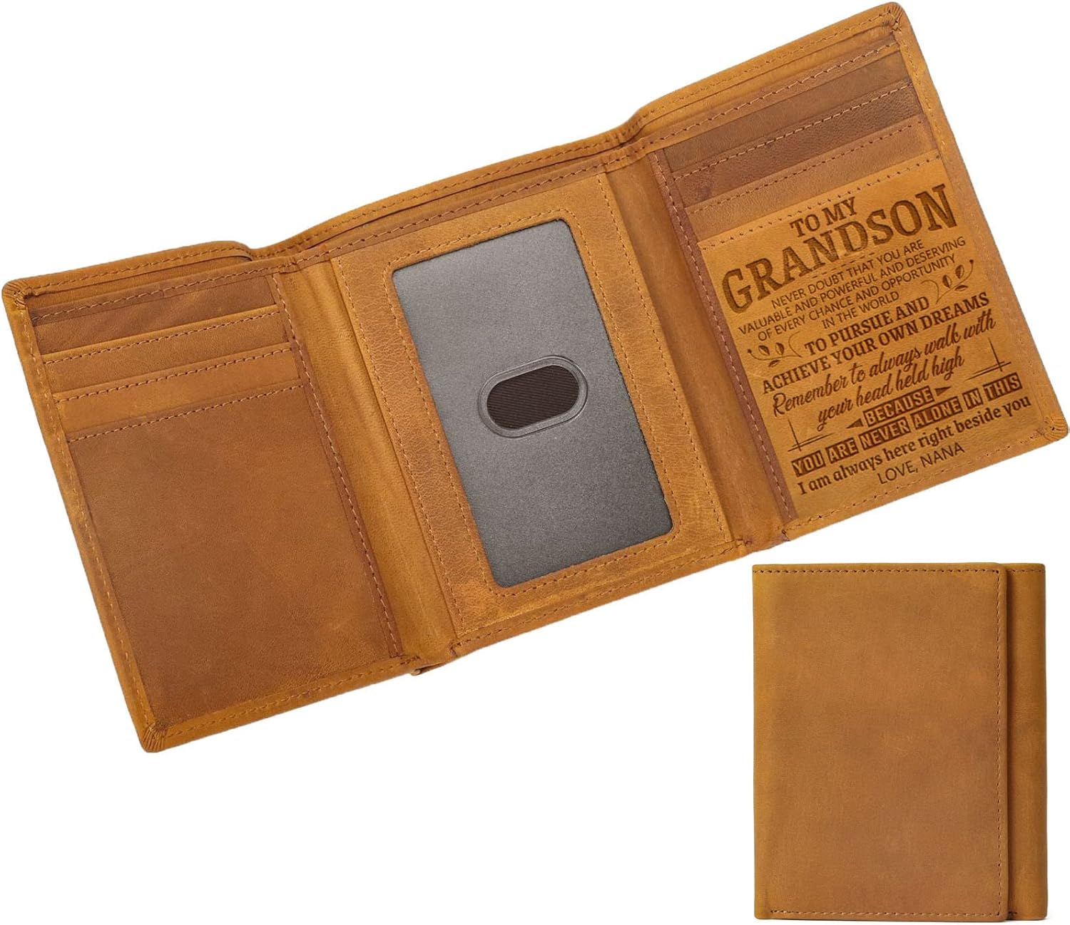 Engraved Leather Wallets for Grandson Tri-fold Wallet for Men Gifts To My Grandson from Grandma Nana (I'm Always Right There from Grandma)