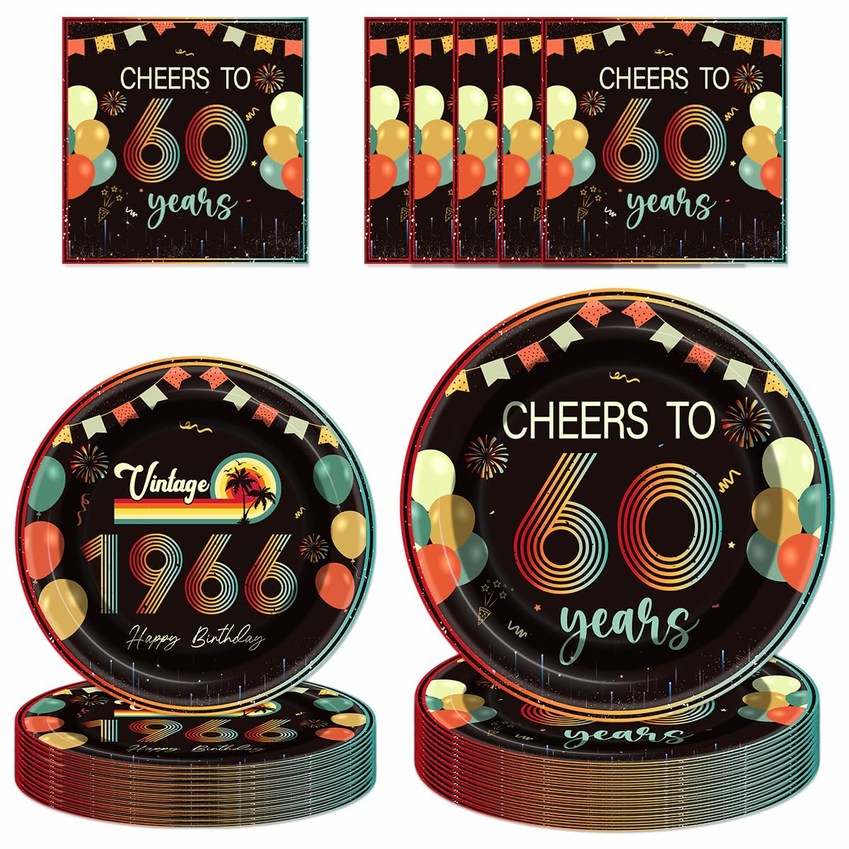 PURCAFT 72Pcs Vintage 60th Birthday Decorations Tableware Set Back in 1966 Paper Plates Napkins Cheers to 60 Years Disposable Tableware Decor for Women Men 60th Birthday Party Favor Serve 24 Guests