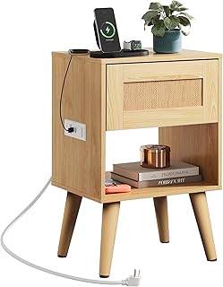 WLIVE Rattan Nightstand with Charging Station, Boho Night Stand, Small B...