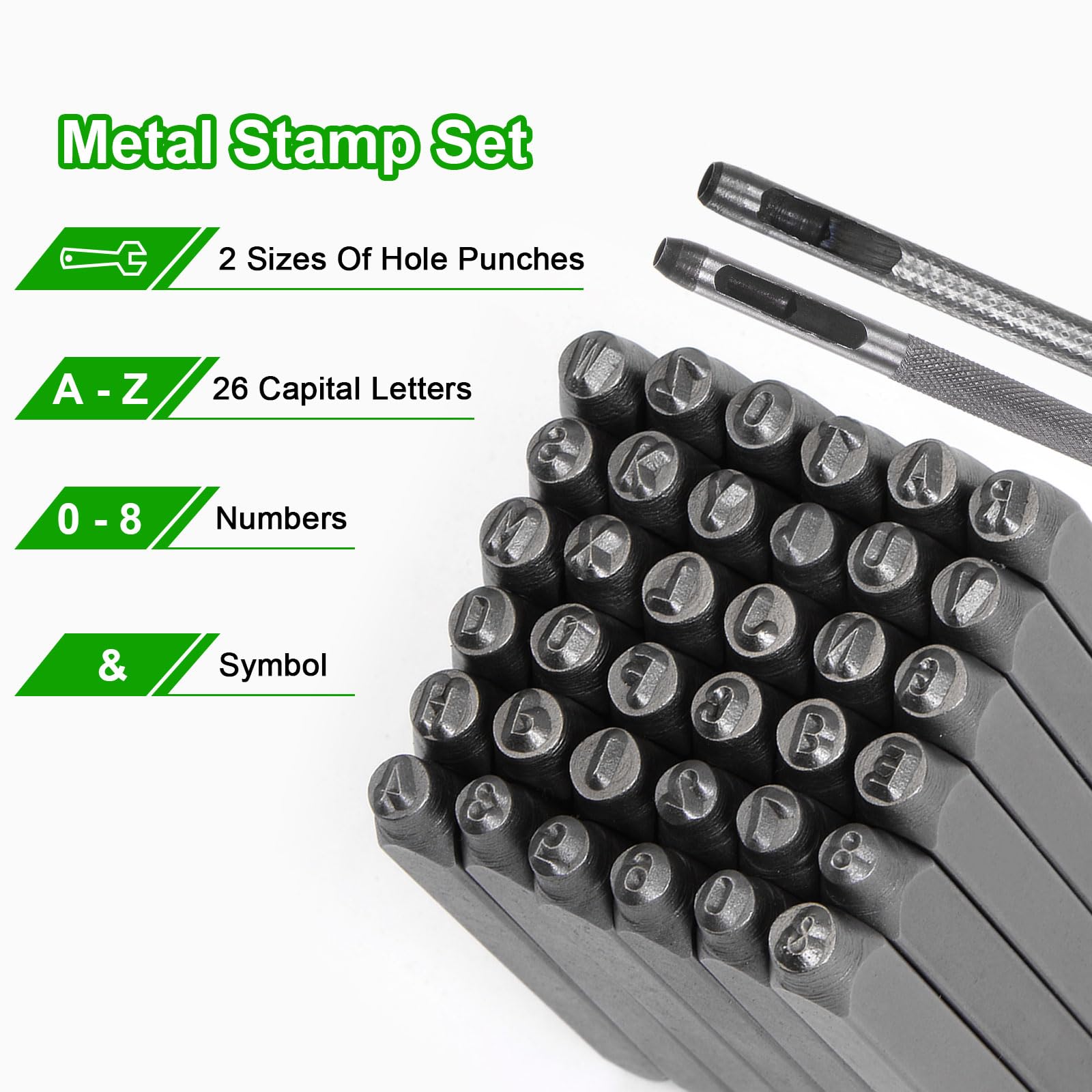 QUARKZMAN 36pz Metallo Stampaggio Kit 5/32" (4mm) (AZ, 0-8,"&" Simbolo) Acciaio Lettera Pugno Premere Utensile con Foro Pugno per Stampa su Metallo, Plastica, Legno, Pelle, Argento