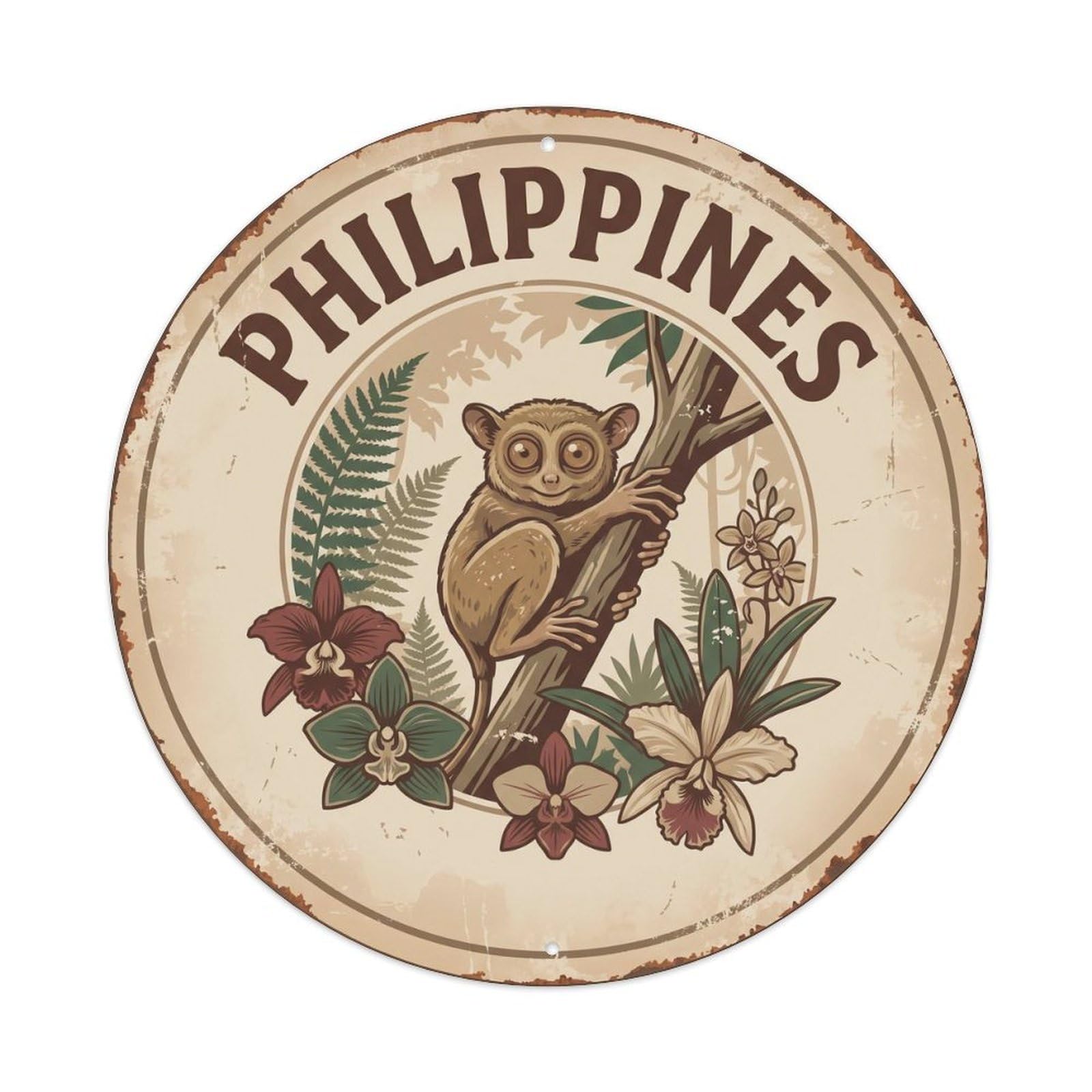 Philippines Tarsier Tropical Foliage Metal Tin Sign