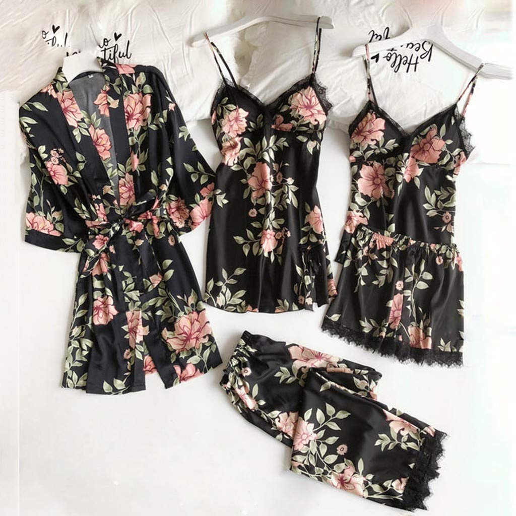 Ensemble sexy pour femme - Sous-vêtements sexy - Lingerie sexy - Pyjama en dentelle - Pantalon de bain - Pyjama court - En satin - Lot de 5 pièces