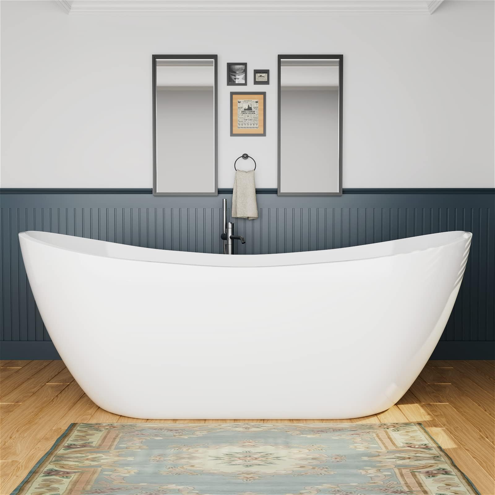 Prohon 59" Acrylic Freestanding Tub White Soaking Bathtubs with Stainless Overflow and Drain