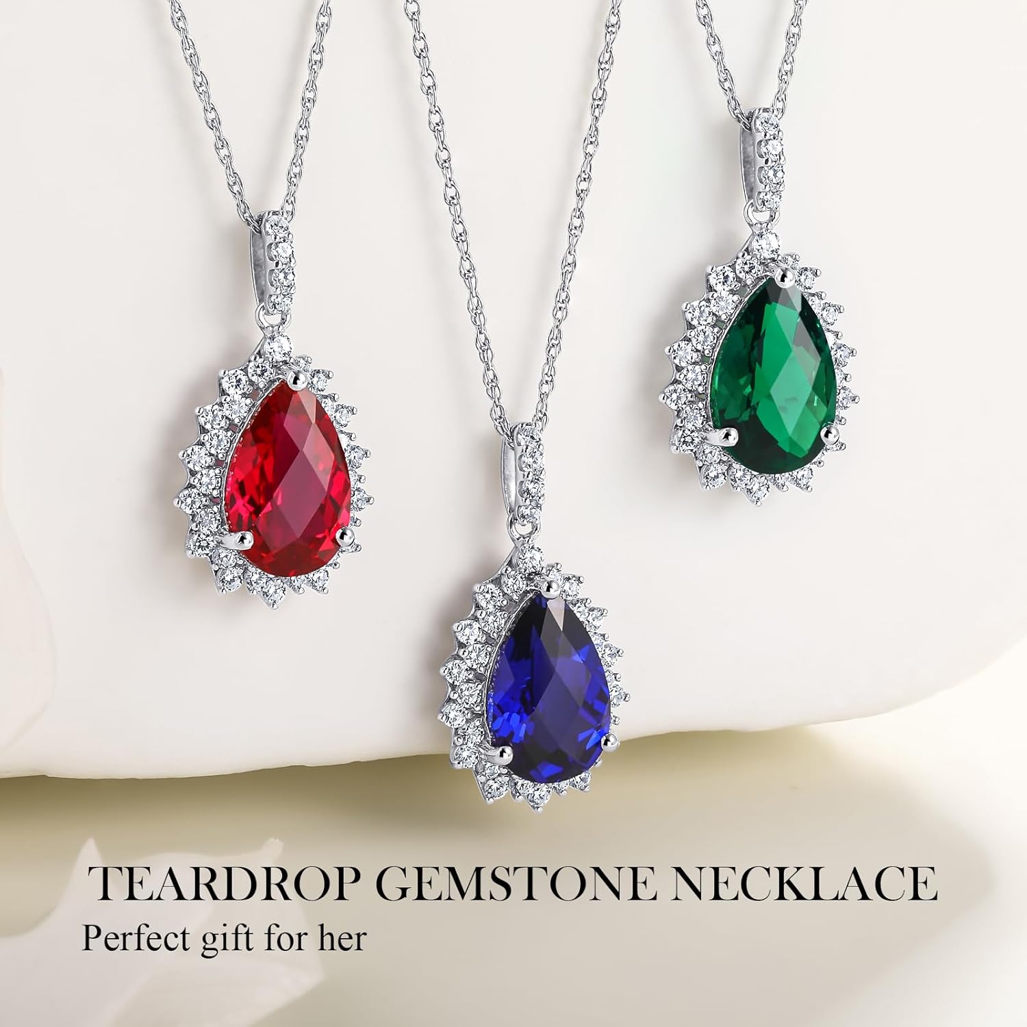 925 Sterling Silver Teardrop Necklace for Women Huge Created Gemstone Solitaire Halo Pendant Pear Cut Birthstone Necklace - Image 4