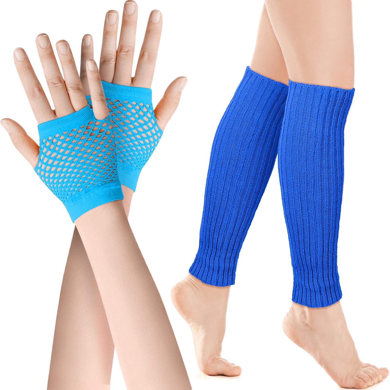 SATINIOR Neon Leg Warmers and Fishnet Gloves Set 80s Fancy Dress Costume Accessory Stretchy Leg Warmers Fishnet Gloves (Blue) — image 1