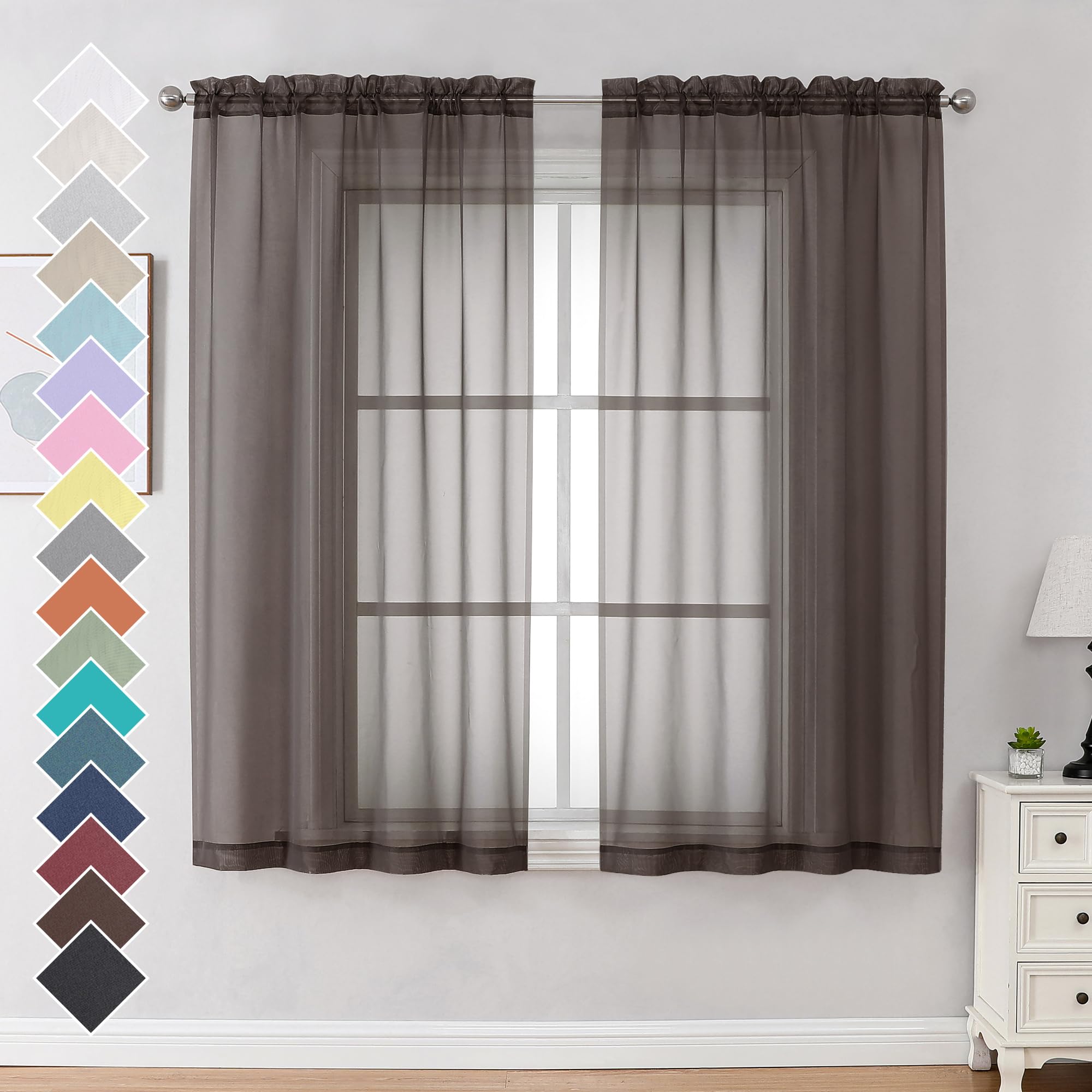 Ovzme Chocolate 2 Panels Sheer Curtains 63 Inches Long Light Weight Soft Voile Drapes, Window Curtain Sheers Elegant Rod Pocket Top For Basement Kitchen Bedroom Living Room, Each Is 42W X 63L, Brown