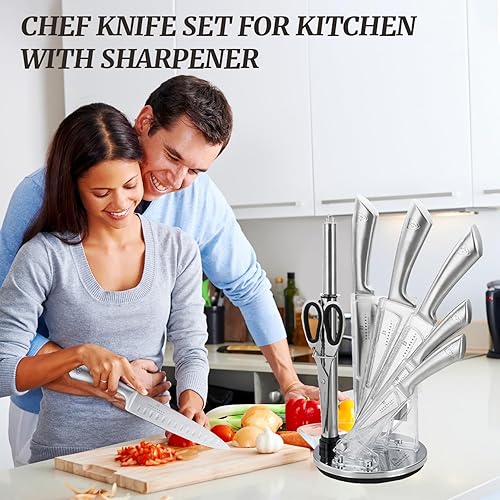 Miniatura 6 de Juego de cuchillos de cocina de 9 piezas con revestimiento antiadherente, acero inoxidable con afilador para cortar, cortar en trozos y picar