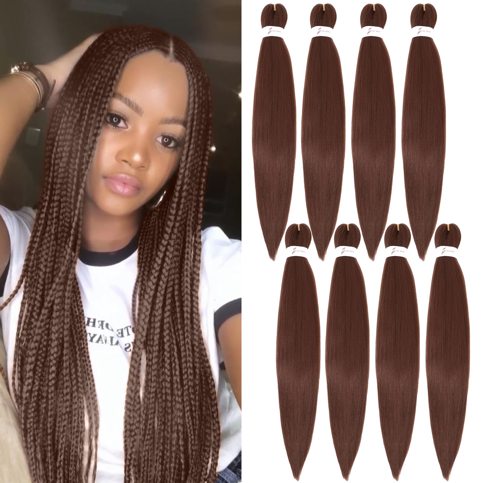 Brown Braiding Hair Pre Stretched 26 Inch 8 Packs Pre-Stretched Braiding Hair Hot Water Setting Soft Yaki Synthetic Knotless Braid Hair Extensions for