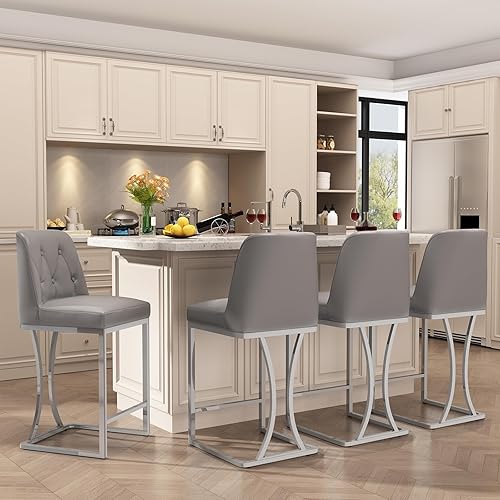 Miniatura 7 de 24" Counter Height Bar Stools Set of 2, Grey Counter Stools with Back and Sliver Metal Frame, Modern Luxury Barstools with Footrest, Upholstered PU