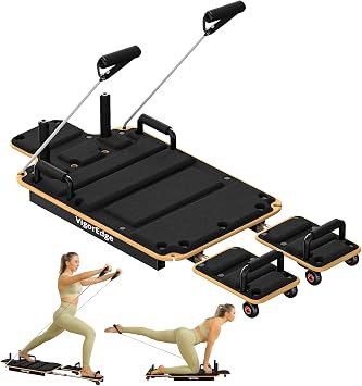 Pilates Board Reformer for Home Workout, Pilates Reformer Machine, Wooden Deck, Glide Board, High-Strength Steel Sliding Rails, 2 Adjustable Resistance Bands, Core & Full-Body Training