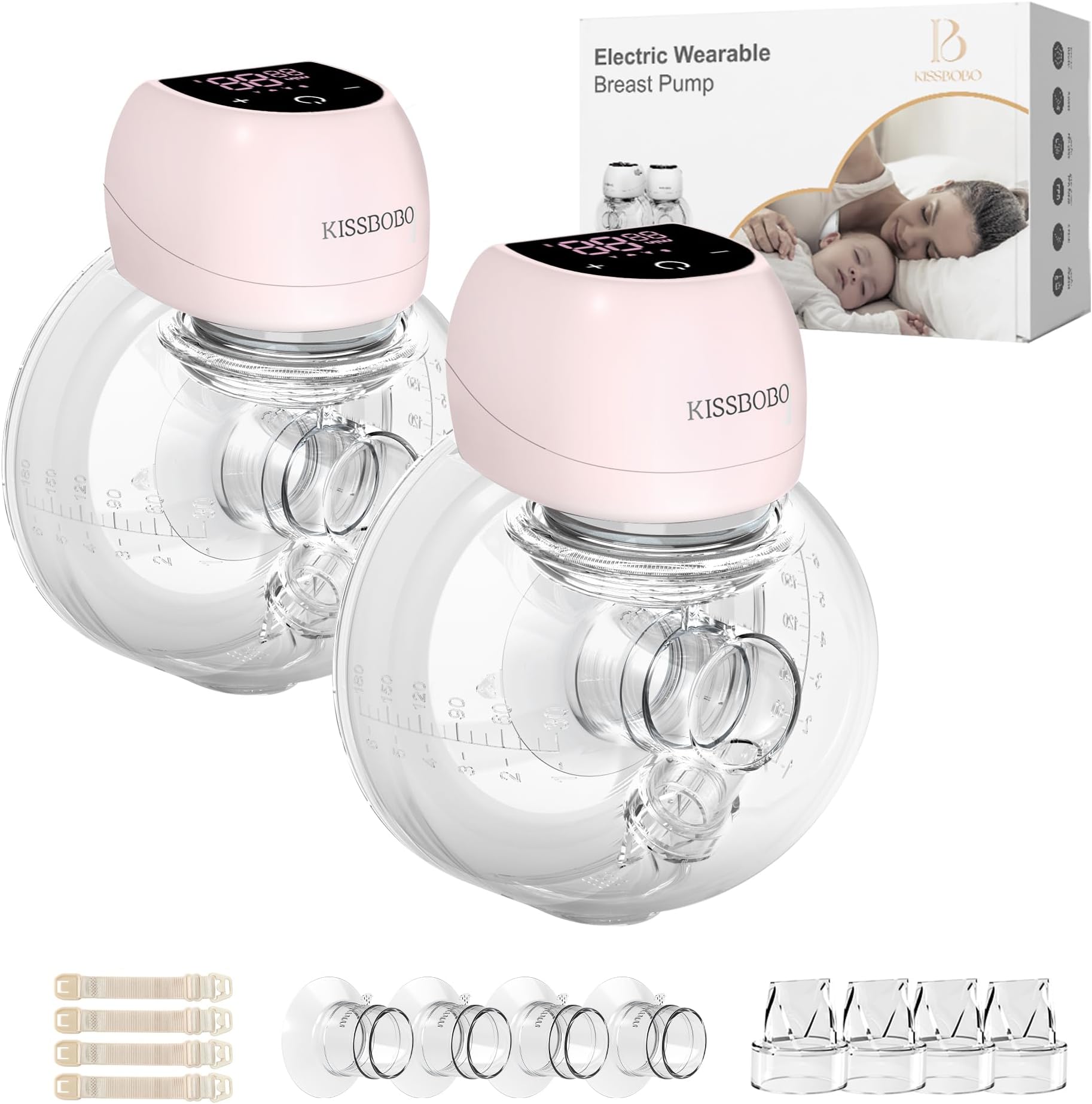 KISSBOBO ABP-1508PRO Electric Breast Pump, Wearable Breast Pump Hands Free Portable,4 Modes 12 Levels, Low Noise Painless Rechargeable Wireless Electrical W/ 21/24MM Flanges(Pink 2PCS)