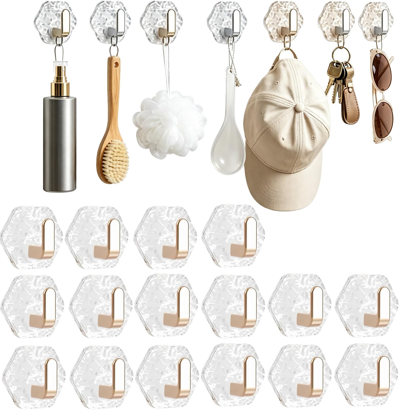 Dawhare Water Ripple Hexagonal Self Adhesive Hooks, Transparent Wall Hanging Luxury Key Hook, Heavy Duty Waterproof Adhesive for Towels, Keys & Home Decor (16golden)