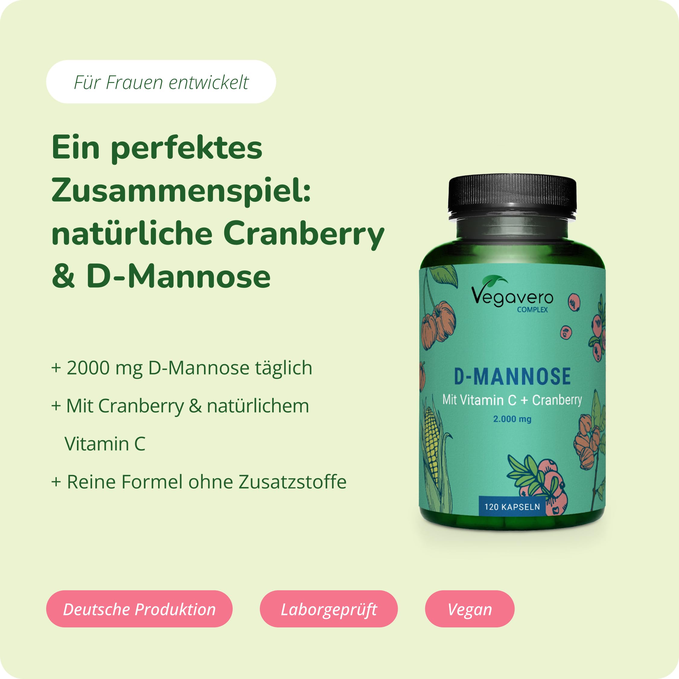 D-Mannose + Cranberry Vegavero | 100% Natürlich | 2.000 mg pro Tag | Mit Vitamin C aus Acerola | Vegan & Ohne Zusätze | 120 Kapseln