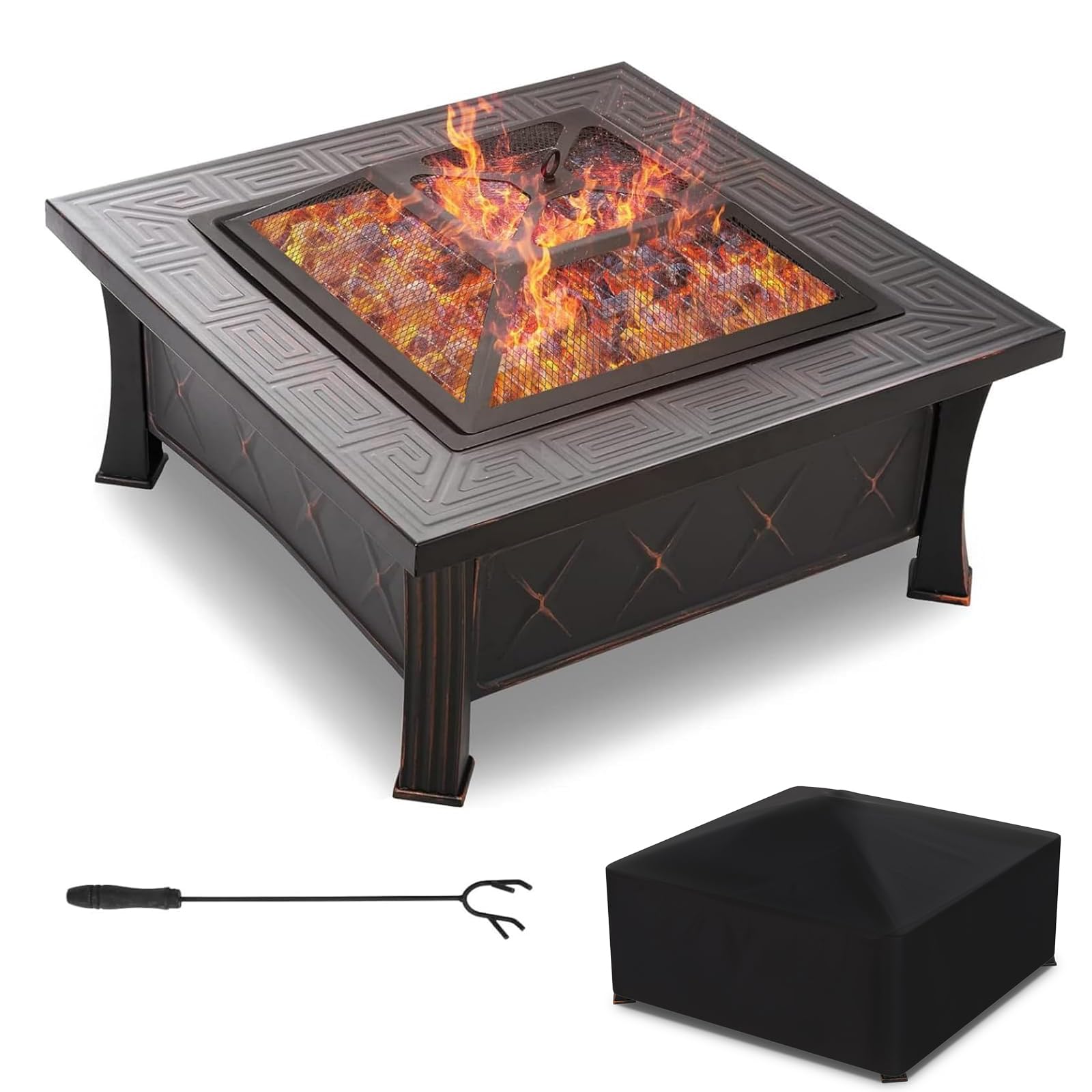 Marco Paul - Grande braciere da esterno con griglia e mensola, braciere in metallo per giardino, patio, esterno, con copertura in rete e attizzatoio, barbecue, feste, tavolo, decorazione da giardino