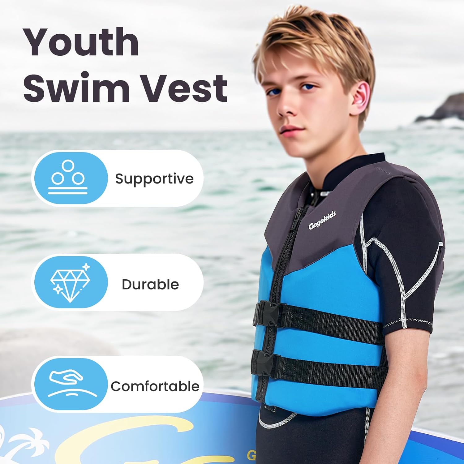 Gogokids Youth Swim Vest for Kids Teens Boys Girls 50-90 lbs & 75-125 lbs, Soft 3D Fabric Swim Jacket, Lightweight Pool Float Vest with Adjustable Straps for Swimming Boating Kayak Beach Water Sports