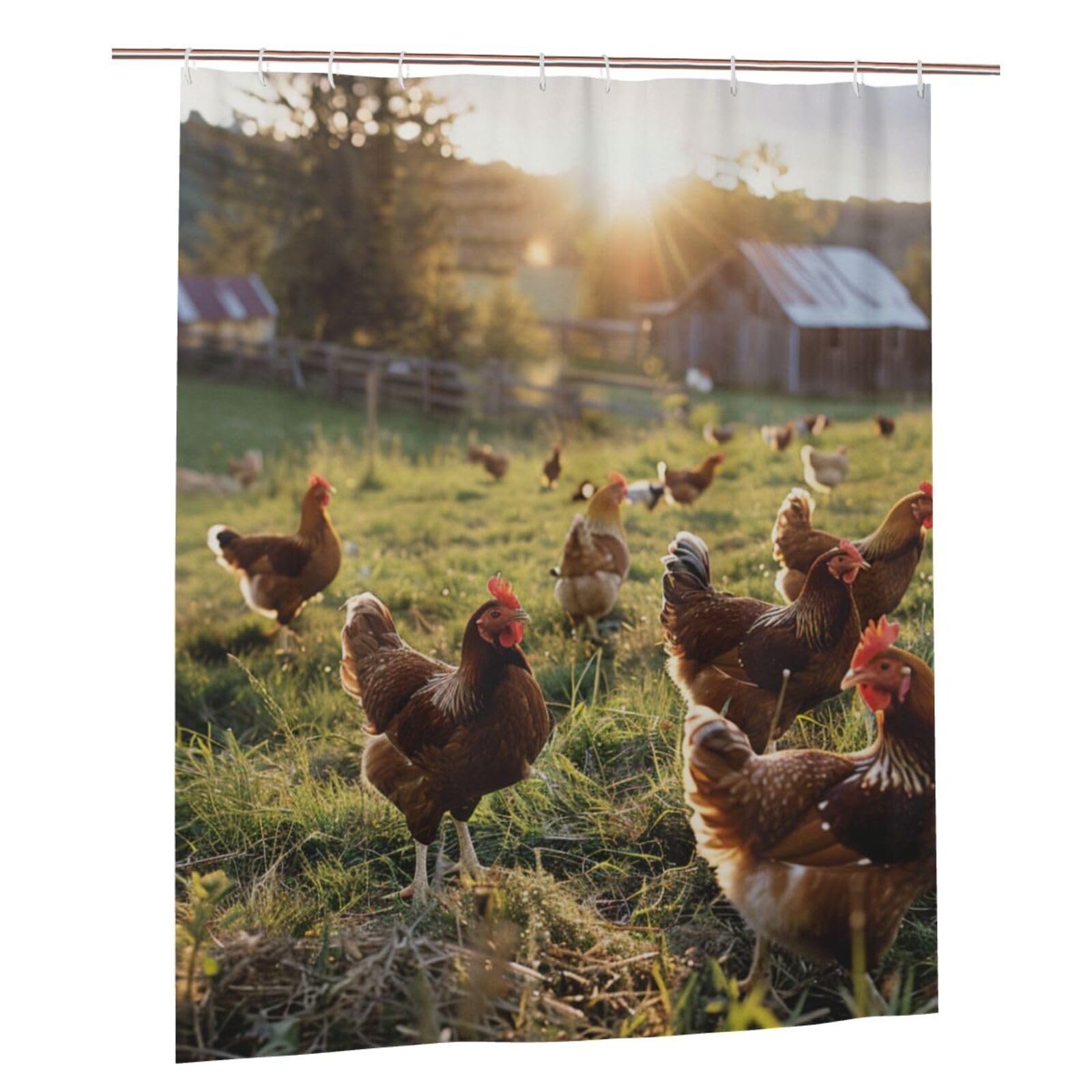 BWWHCCTI Chickens and Farm Printed Shower Curtain With 12 Plastic Hooks Opaque Quick Drying Waterproof Shower Curtains Sets For Bathroom 152x183 Cm
