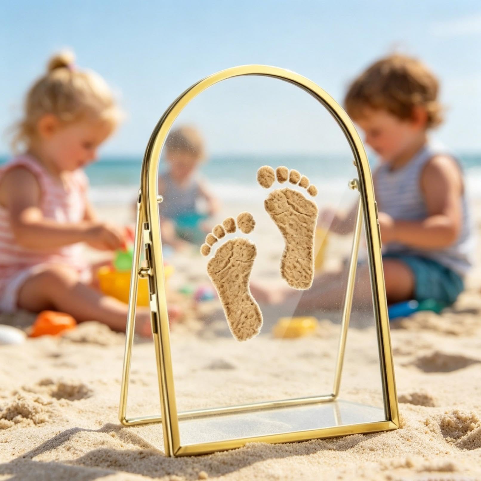 Marco de recuerdo para huellas de manos de bebés y mascotas, pantalla de vidrio de doble cara, soporte de mesa de metal, regalo creativo para recuerdos familiares