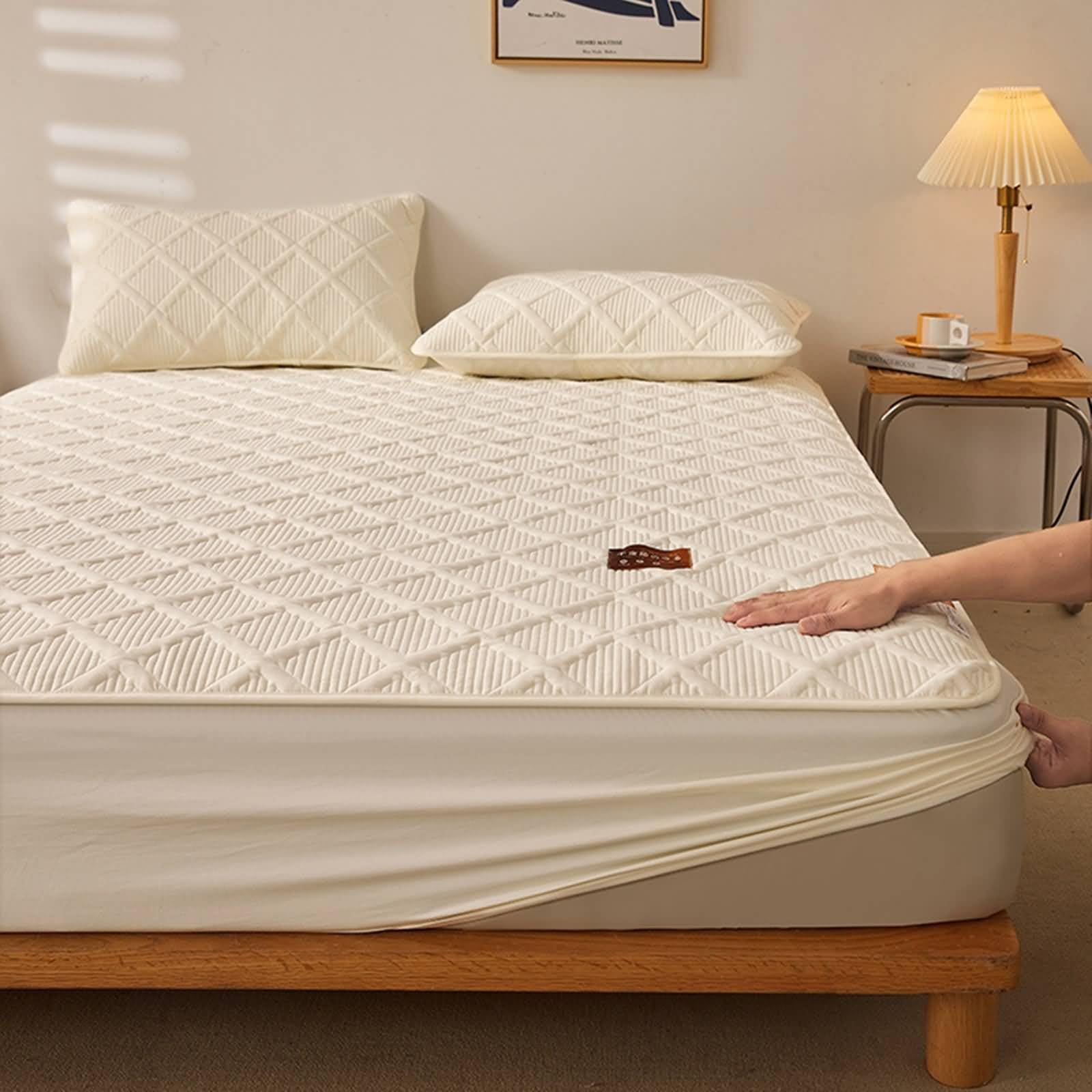 Elastisches Spannbettlaken Baumwolle, Einfarbige Farbe mit Kariertem Muster, 120 x 200 cm, Spannbettlaken Beige Weiß