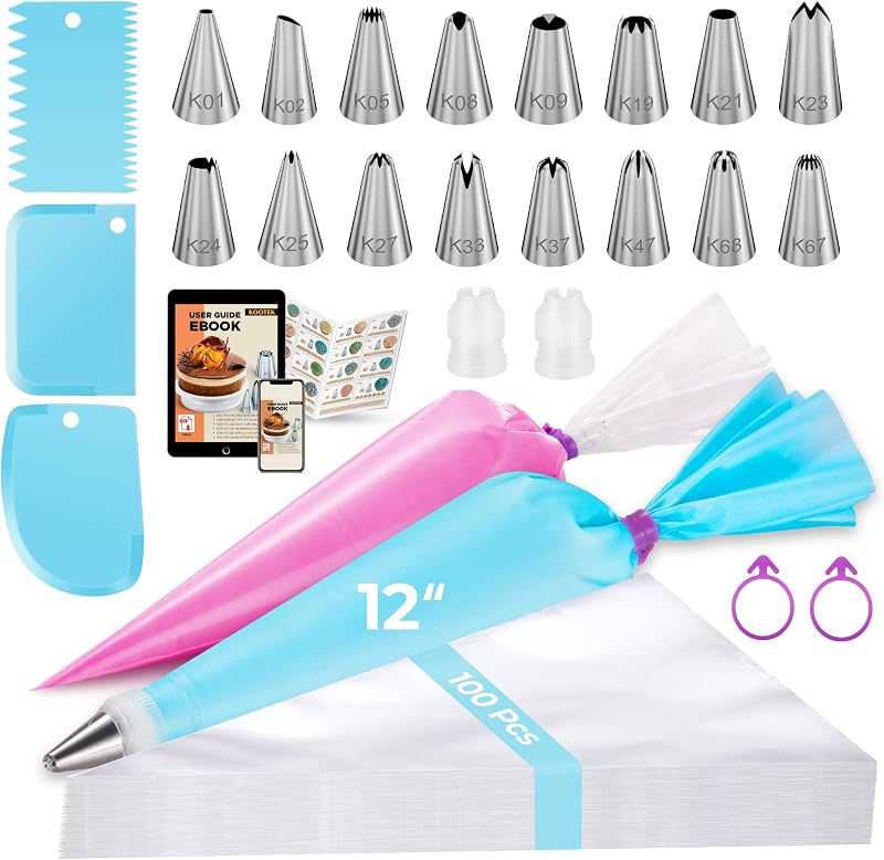 124 Icing Piping Bags and Tips Set Frosting Cake Decorating Kit Blue | Baking Supplies Tools, 100 +1 Piping Bags 12", 16 Icing Piping Tips, Reusable Pastry Bag, 3 Scrapers, for Beginners & Pros