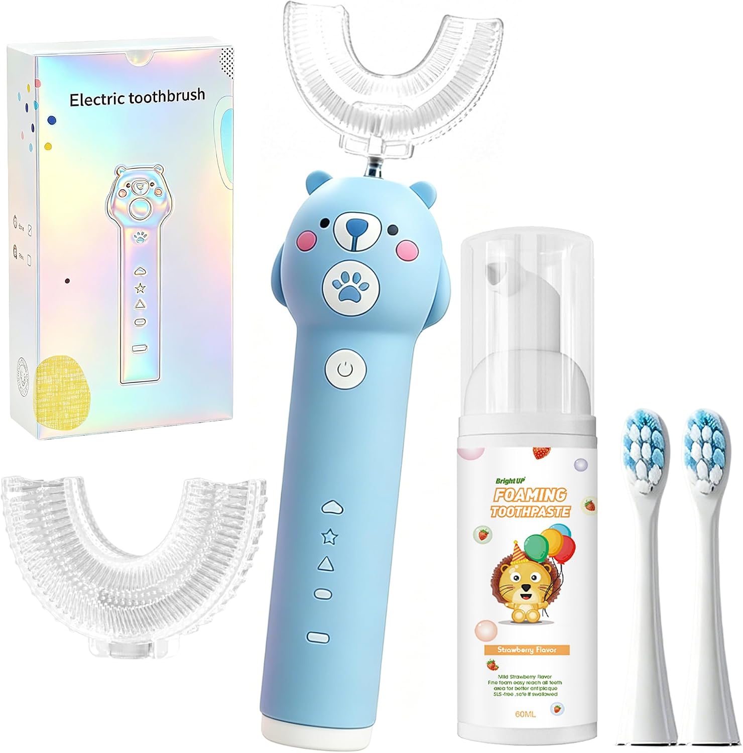 Kids Electric Toothbrush, Paired with strawberry flavored toothpaste, Toddler U Shaped Toothbrush with 4 Soft Brush Head，Cartoon Bear 360-Degree Automatic Toothbrush，IPX7 Waterproof Design(Ages 2-16)