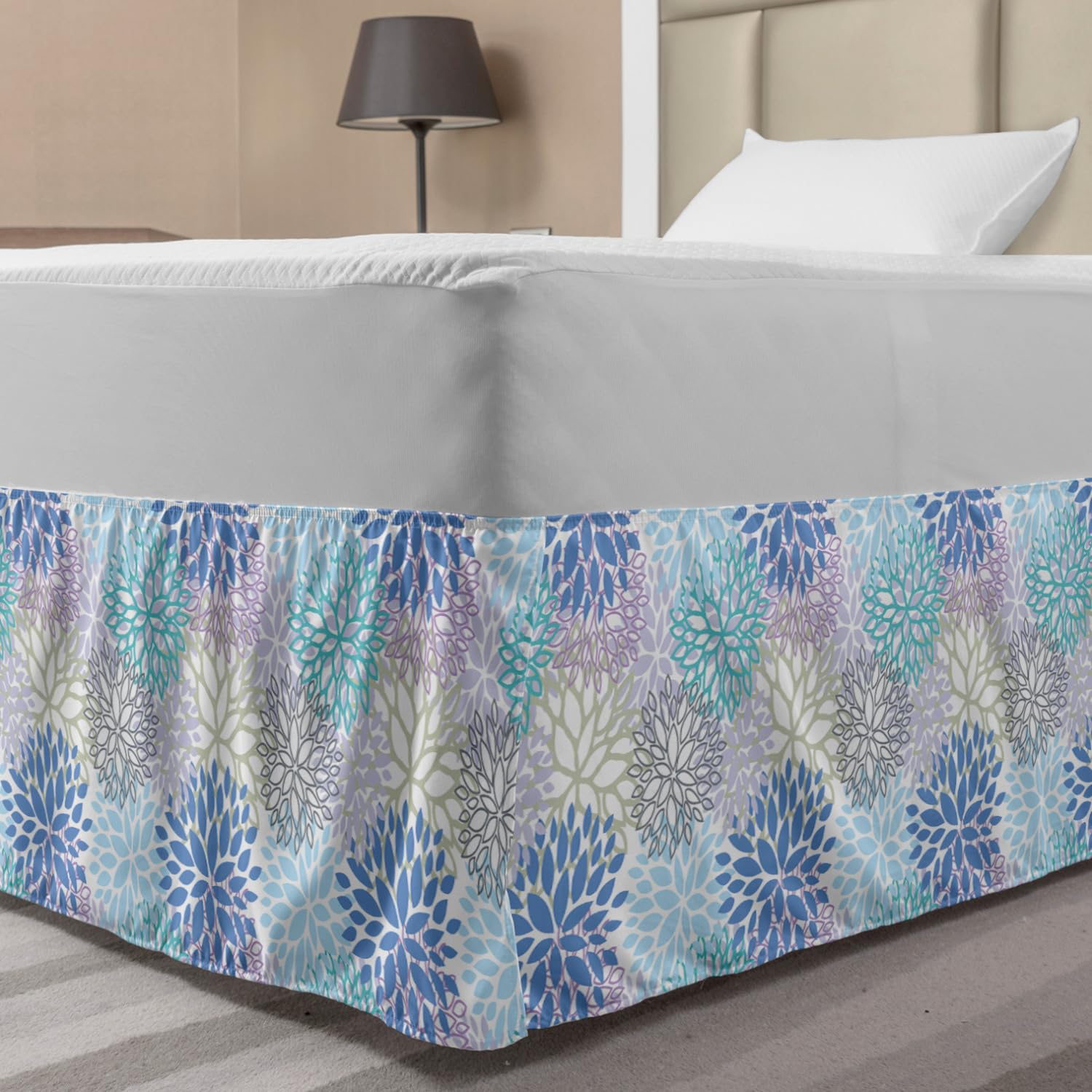 Lunarable Dahlia Flower Bed Skirt Scribble Pattern of Mix of Victorian Grace Daisy Design Art Elastic Bedskirt Dust