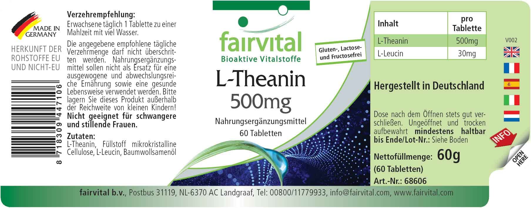 fairvital L-teanina 500 mg, 60 compresse, ALTO DOSAGGIO, VEGANO, aminoacido, facile da deglutire