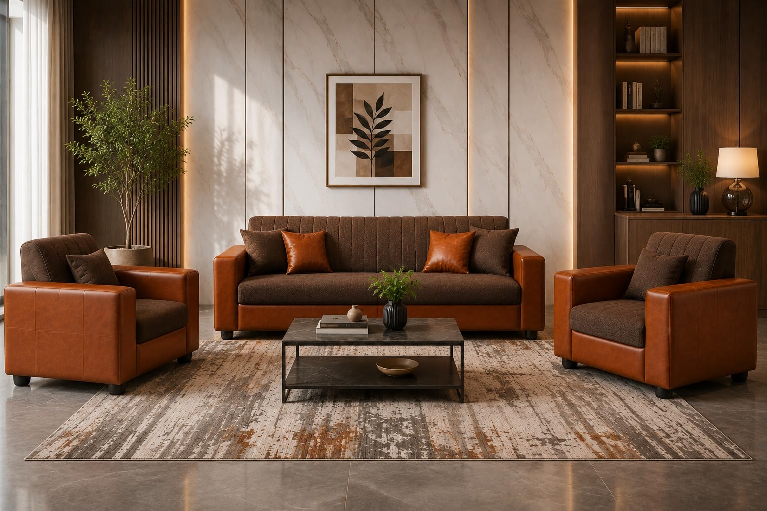 3+1+1 Sofa Set | 3 Seater Sofa with Two Single Seater Chairs | Premium Fabric & Leatherette Upholstery | Soft Foam Cushions | for Home & Office | Pre-Assembled (Brown and Tan)-image-23