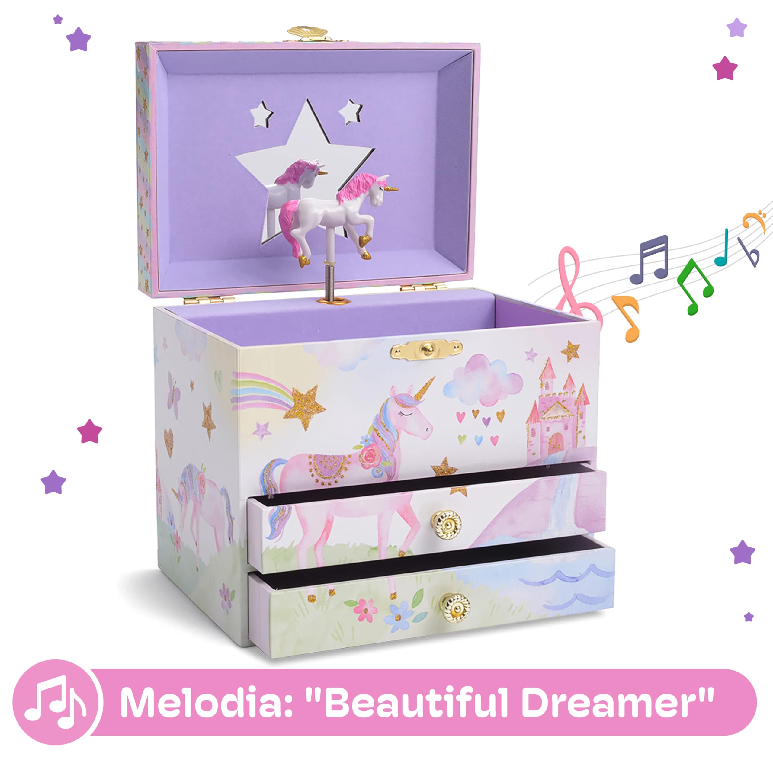 Jewelkeeper Carillon Portagioie Bambina - Porta Gioie con Unicorno, Specchio Stella, 2 Cassetti - Design con Paillettes, Dettagli Incantevoli per Conservare Gioielli e Ricordi