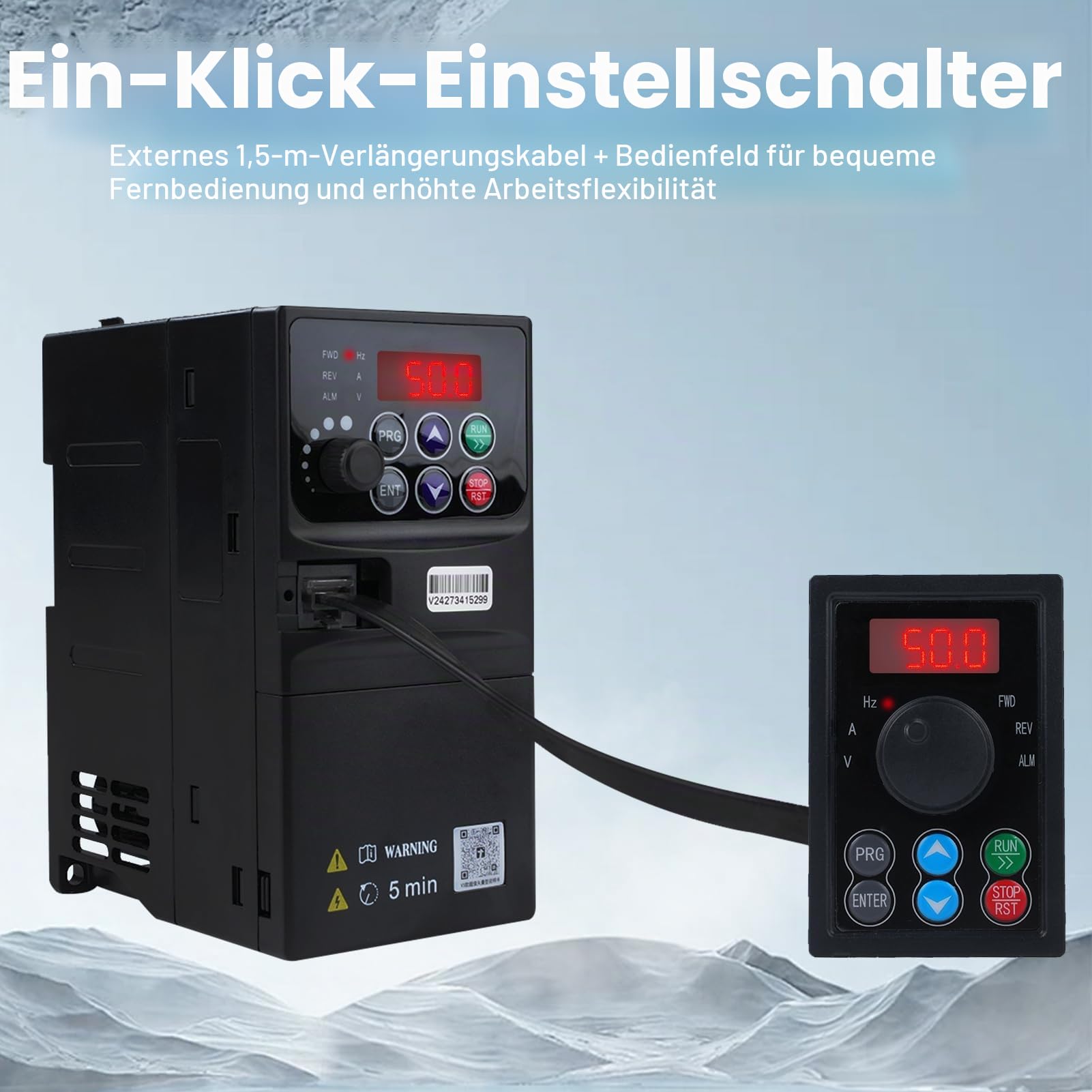 1.5KW Frequenzumrichter 230V Einphasiger 220V-Eingang Dreiphasiger 220V-Ausgang VFD Frequenzumrichter CNC Frequenzumrichter Abnehmbare Schalttafel Modell V3-215EE (mit 1.5m Verlängerungskabel)