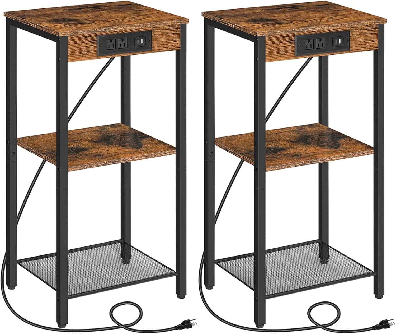 HOOBRO Tall End Tables with Charging Station, Set of 2, 30" 3-Tier Nightstands, Adjustable Shelves, Rustic Brown BF09UDHP201G1
