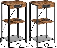 HOOBRO Tall End Tables with Charging Station, Set of 2, 30" 3-Tier Nightstands, Adjustable Shelves, Rustic Brown BF09UDHP201G1