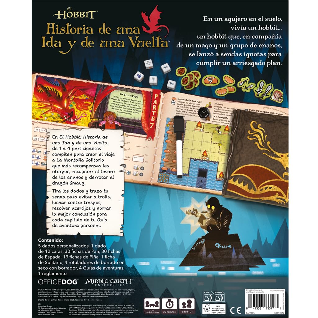 Asmodee El Hobbit: Historia de una IDA y de una Vuelta, Juego Familiar para 1 a 4 Jugadores a Partir de 10 años, Juego de Dados competitivo y narrativo en la Tierra Media, Español