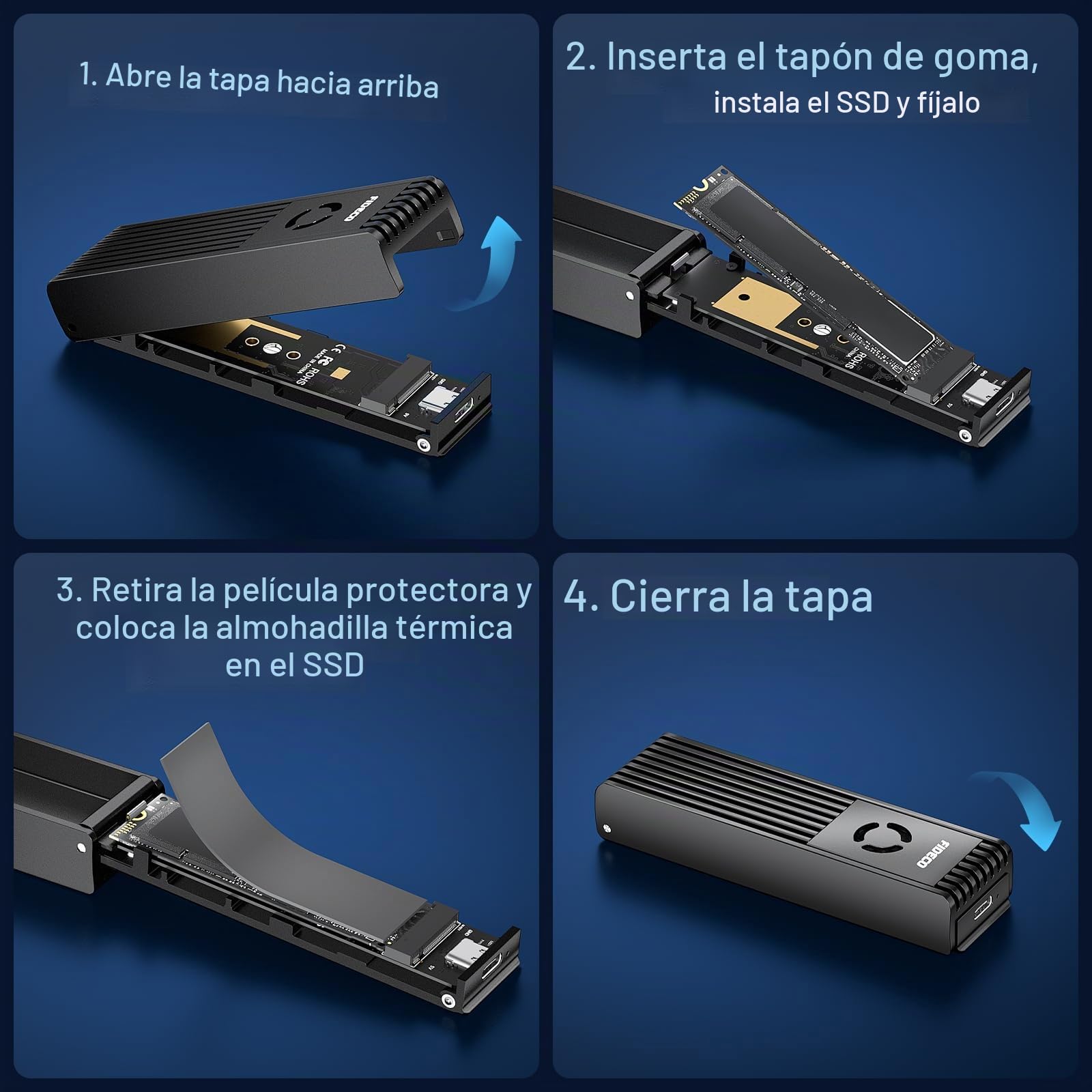 FIDECO Carcasa SSD NVMe SATA M.2, Caja NVMe USB con Ventilador, 10Gbps USB 3.2 Gen 2 para PCIe M-Key/M+B Key, Soporte UASP y Trim, Instalación sin Herramientas, Aluminio, Negro