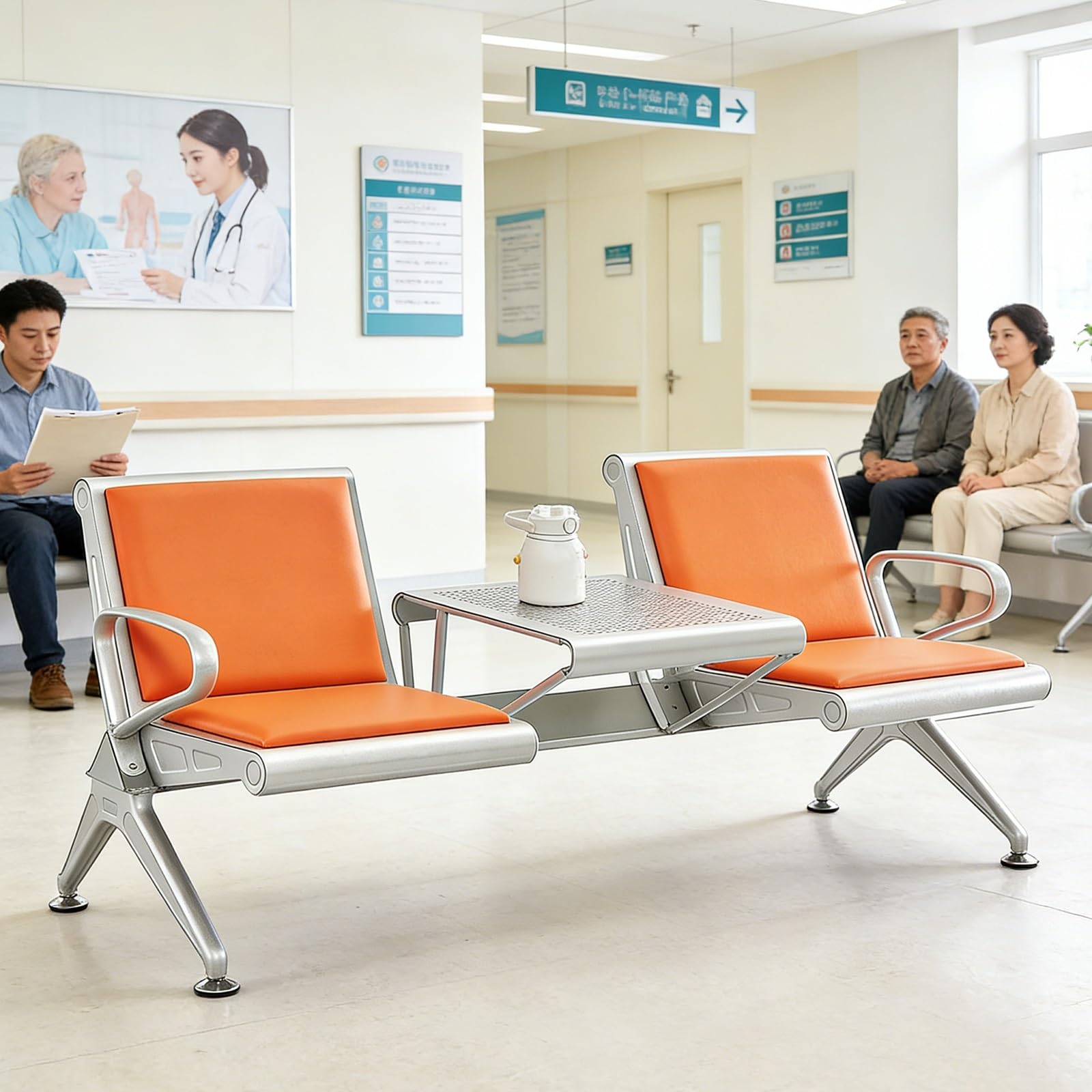 Ergonomische Polsterbank mit Rückenlehne und Mitteltisch für Flughafen, Krankenhaus, Klinik, Bank, Büro, öffentlichen Wartebereich - 2-Sitzer Wartezimmerbank