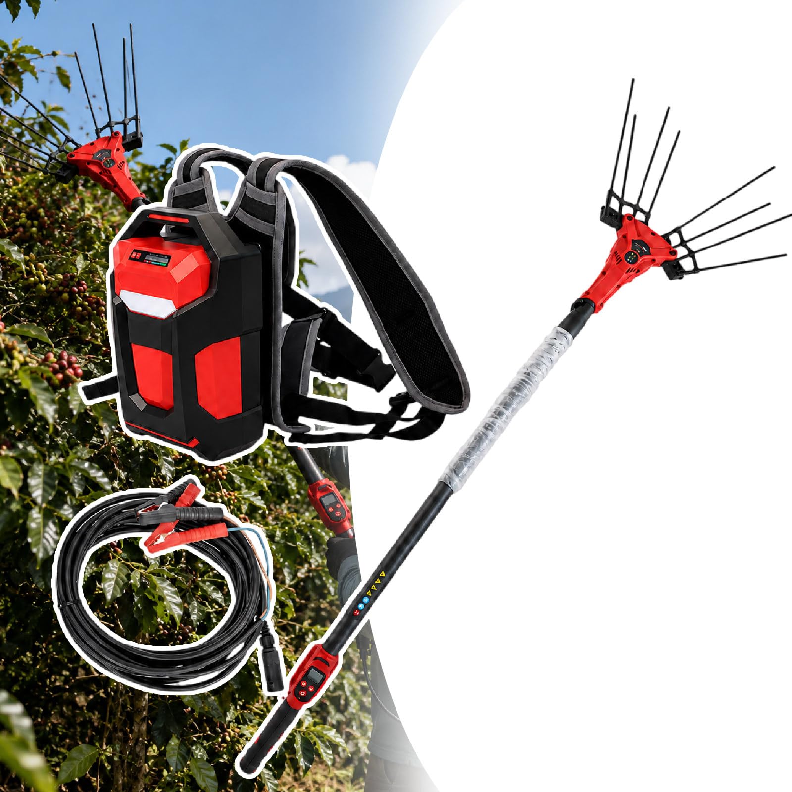 Recolector Eléctrico De Frutas, Vareador Eléctrico De Aceitunas 250 W/600 W Con Vara Telescópica De 2 M–3 M, 6500 Rpm, 6 Niveles De Vibración, Batería Tipo Mochila, Para Frutos Firmes 250w