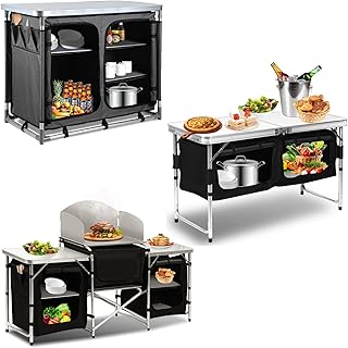 Armario plegable de aluminio con protección contra salpicaduras y bolsa de transporte, muchos estantes, incluye muebles de camping, cocina de camping, 2 compartimentos con 3 estantes cada uno,
