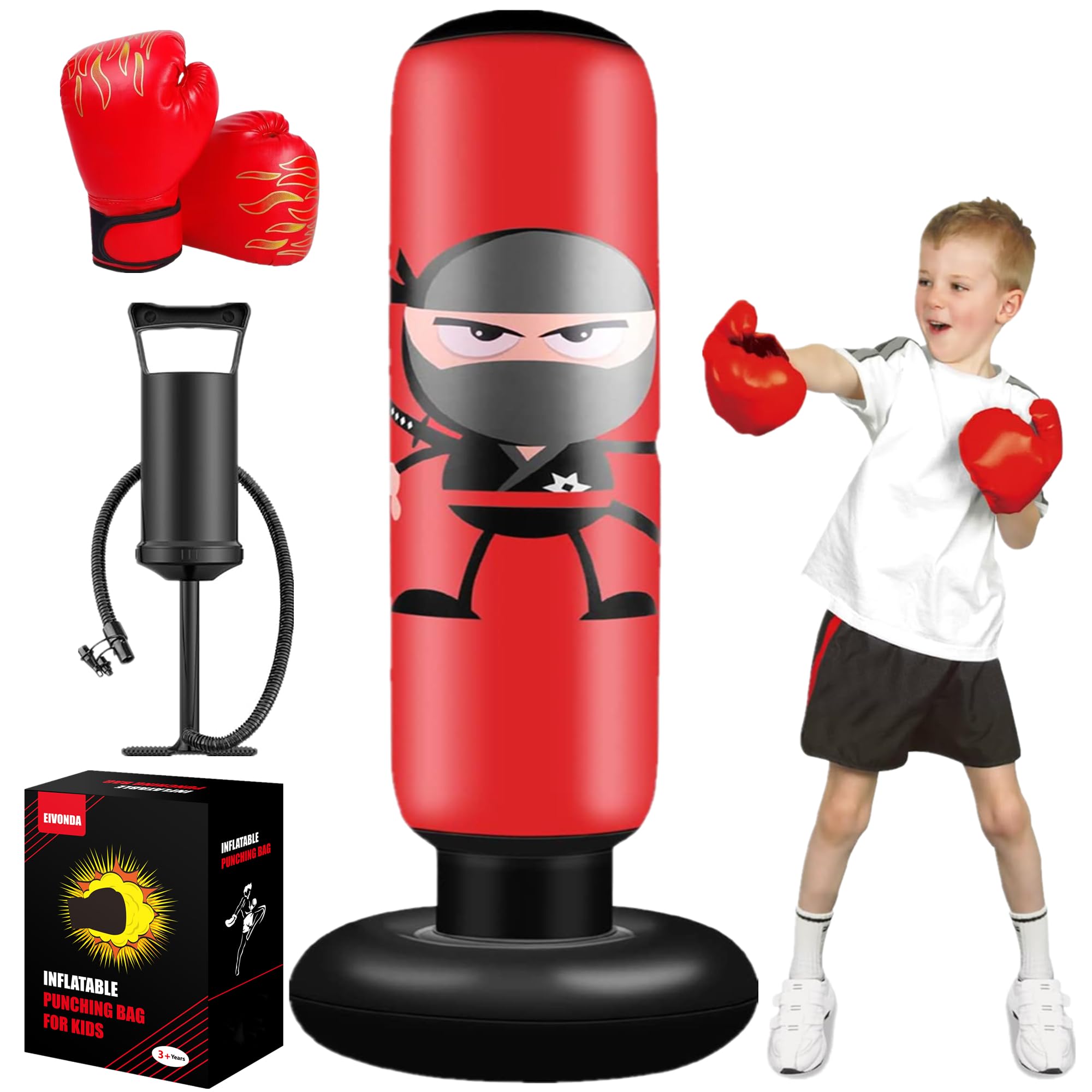 EIVONDA Punching Bag for Kids 160cm Inflatable Ninja Kids Punching Bag with Boxing Gloves and Pump Boxing Bag for Practicing MMA Karate Taekwondo and to Relieve Pent Up Energy
