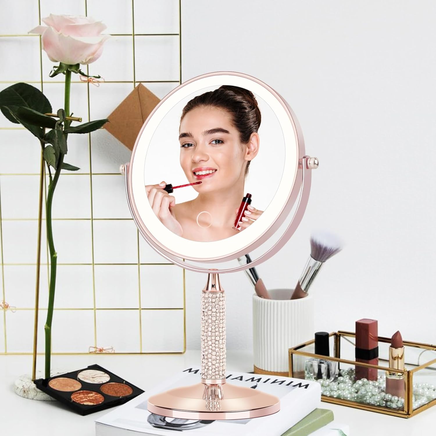 7"Rose Gold Glitter Diamond Rhinestone Makeup Mirror,360°Rotate Round Tabletop Vanity Mirror Double Sided 1X/10X HD Undistorted Magnifying Mirror,Portable Vanity Women Gift (No Lamp Rose Gold)