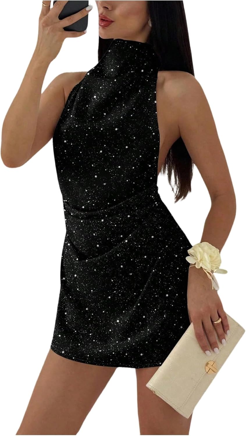 SOLY HUX Women's Ruched Halter Mini Dress Tie Backless Bodycon Evening Party Cocktail Dresses